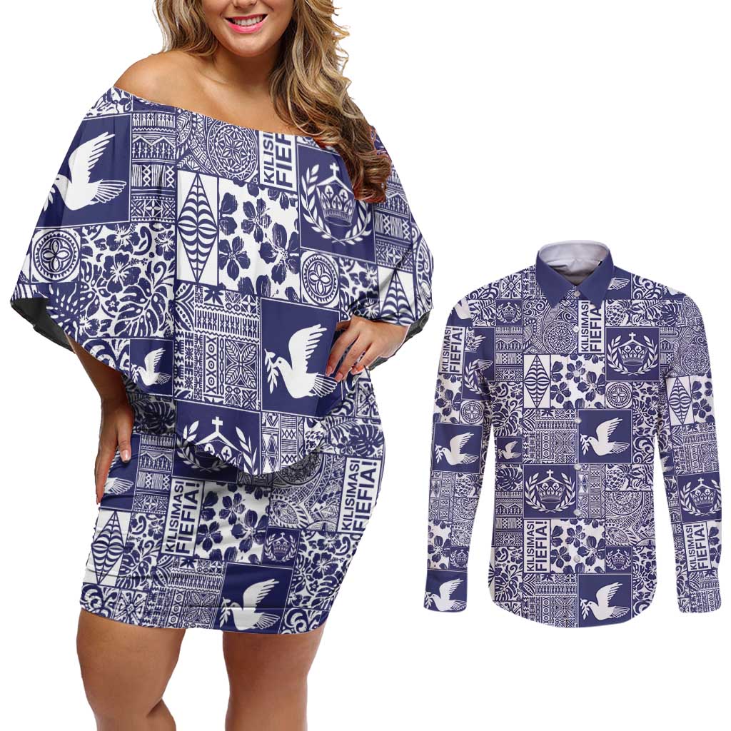 Blue Tonga Kilisimasi Fiefia Couples Matching Off Shoulder Short Dress and Long Sleeve Button Shirt Pacific Patchwork Xmas Vibes - Polynesian Pride