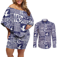 Blue Tonga Kilisimasi Fiefia Couples Matching Off Shoulder Short Dress and Long Sleeve Button Shirt Pacific Patchwork Xmas Vibes - Polynesian Pride
