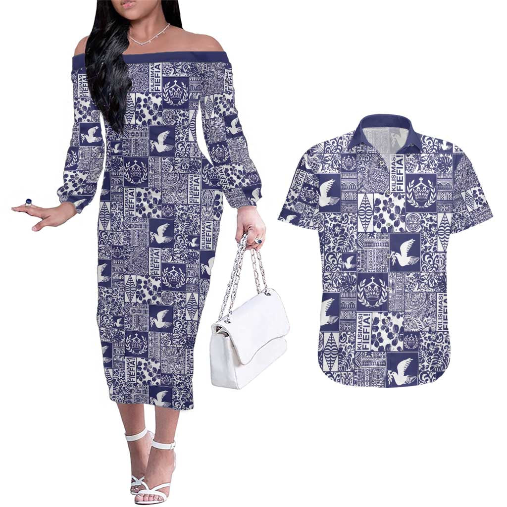 Blue Tonga Kilisimasi Fiefia Couples Matching Off The Shoulder Long Sleeve Dress and Hawaiian Shirt Pacific Patchwork Xmas Vibes - Polynesian Pride