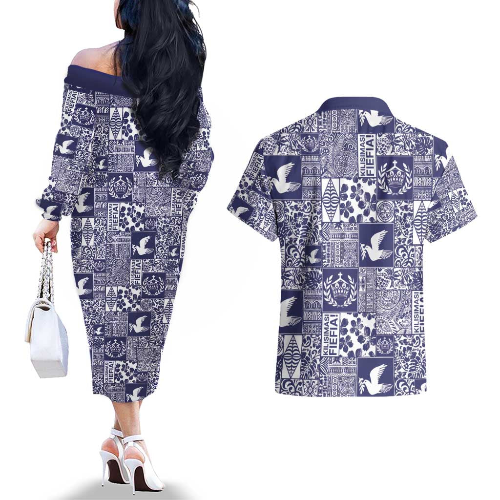 Blue Tonga Kilisimasi Fiefia Couples Matching Off The Shoulder Long Sleeve Dress and Hawaiian Shirt Pacific Patchwork Xmas Vibes - Polynesian Pride