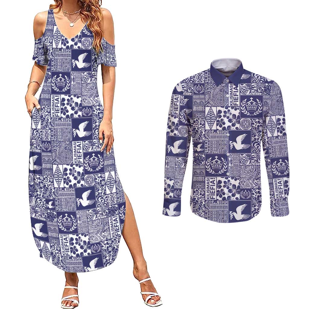 Blue Tonga Kilisimasi Fiefia Couples Matching Summer Maxi Dress and Long Sleeve Button Shirt Pacific Patchwork Xmas Vibes - Polynesian Pride
