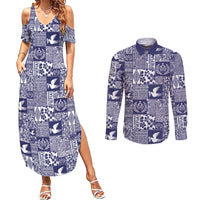 Blue Tonga Kilisimasi Fiefia Couples Matching Summer Maxi Dress and Long Sleeve Button Shirt Pacific Patchwork Xmas Vibes - Polynesian Pride