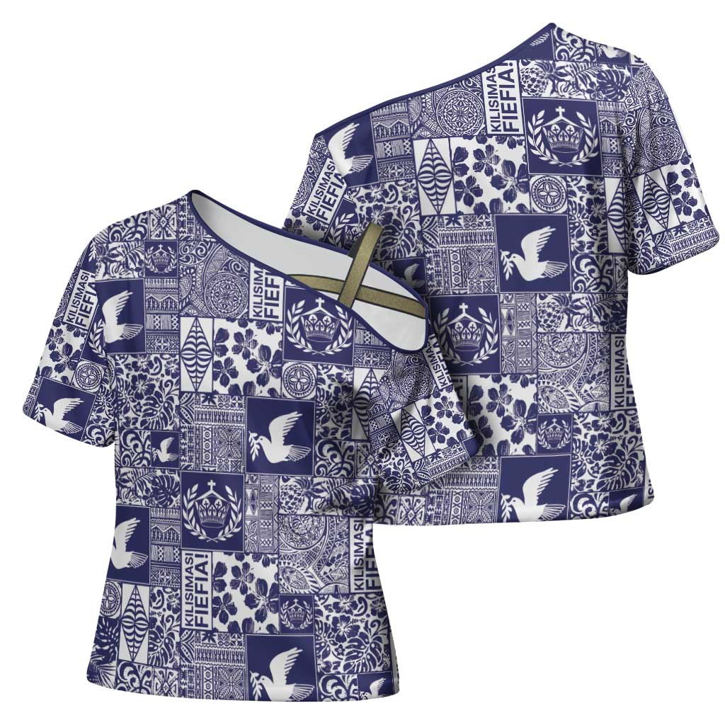 Blue Tonga Kilisimasi Fiefia Cross Shoulder Shirt Pacific Patchwork Xmas Vibes - Polynesian Pride