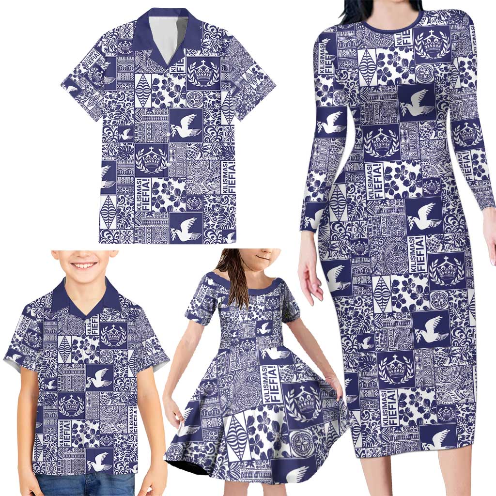 Blue Tonga Kilisimasi Fiefia Family Matching Long Sleeve Bodycon Dress and Hawaiian Shirt Pacific Patchwork Xmas Vibes - Polynesian Pride