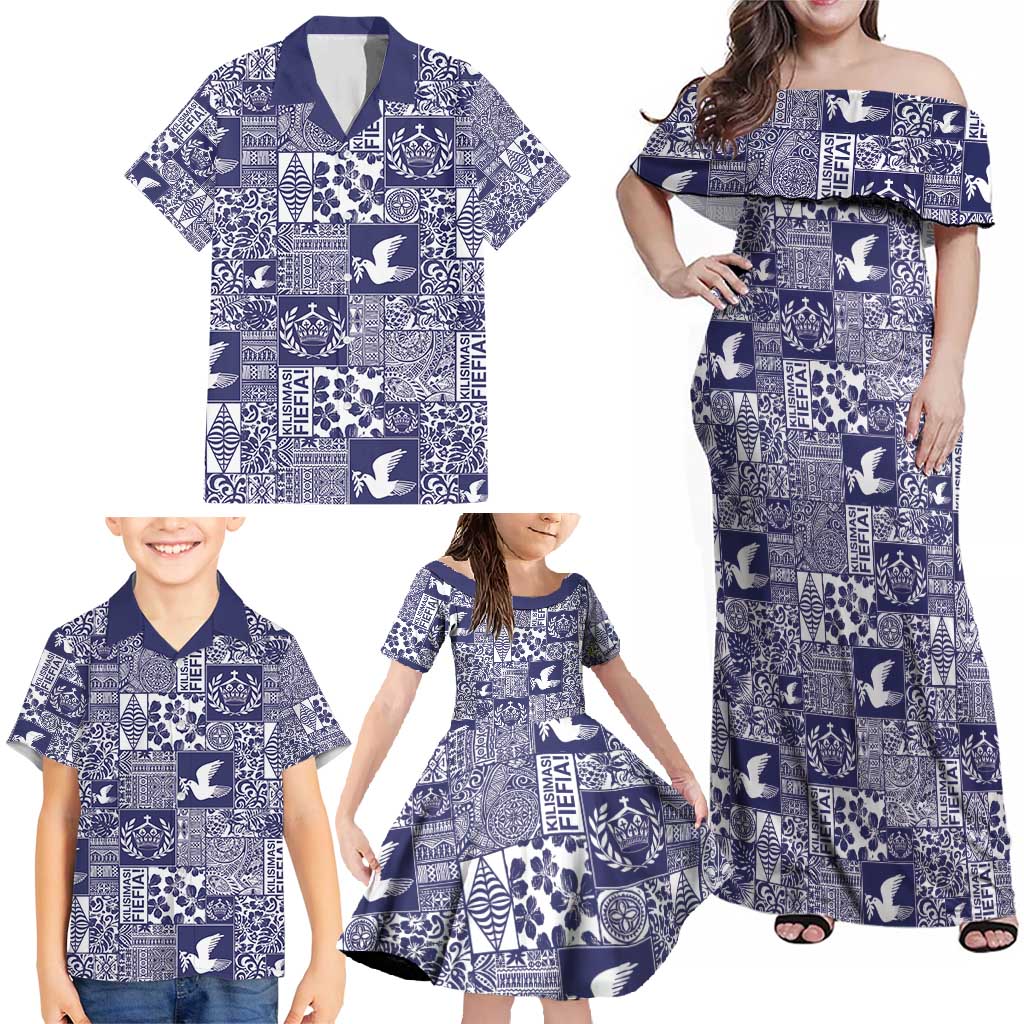 Blue Tonga Kilisimasi Fiefia Family Matching Off Shoulder Maxi Dress and Hawaiian Shirt Pacific Patchwork Xmas Vibes - Polynesian Pride