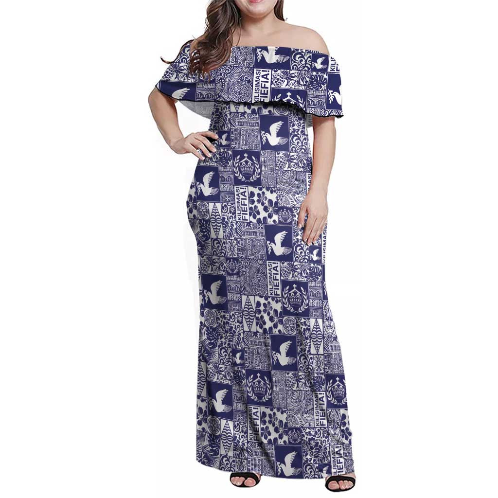 Blue Tonga Kilisimasi Fiefia Family Matching Off Shoulder Maxi Dress and Hawaiian Shirt Pacific Patchwork Xmas Vibes - Polynesian Pride