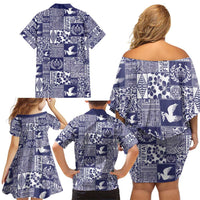 Blue Tonga Kilisimasi Fiefia Family Matching Off Shoulder Short Dress and Hawaiian Shirt Pacific Patchwork Xmas Vibes - Polynesian Pride