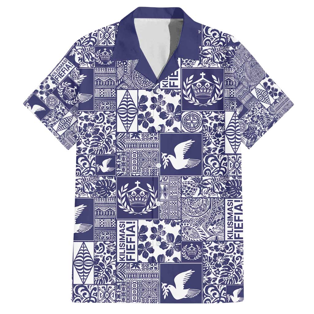 Blue Tonga Kilisimasi Fiefia Family Matching Off Shoulder Short Dress and Hawaiian Shirt Pacific Patchwork Xmas Vibes - Polynesian Pride