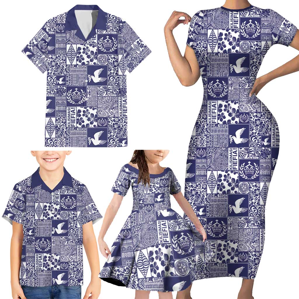 Blue Tonga Kilisimasi Fiefia Family Matching Short Sleeve Bodycon Dress and Hawaiian Shirt Pacific Patchwork Xmas Vibes - Polynesian Pride