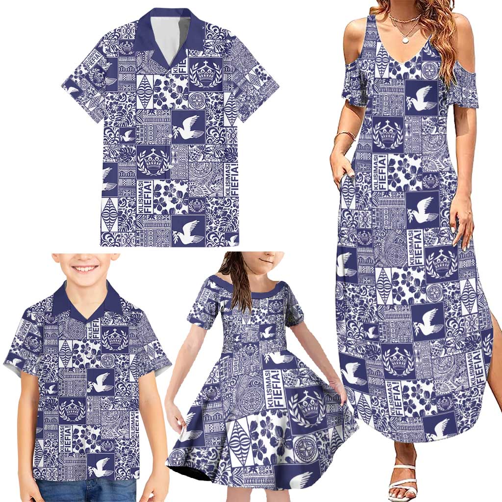 Blue Tonga Kilisimasi Fiefia Family Matching Summer Maxi Dress and Hawaiian Shirt Pacific Patchwork Xmas Vibes - Polynesian Pride