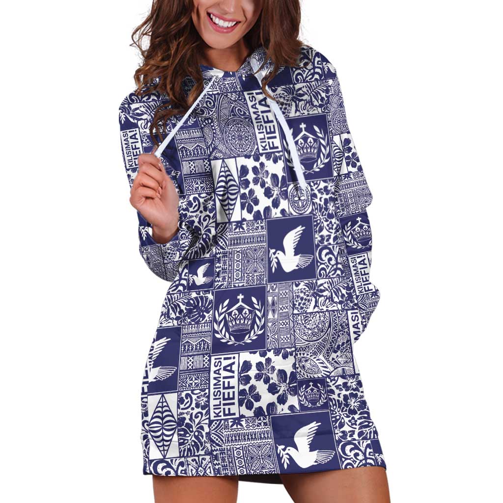 Blue Tonga Kilisimasi Fiefia Hoodie Dress Pacific Patchwork Xmas Vibes - Polynesian Pride