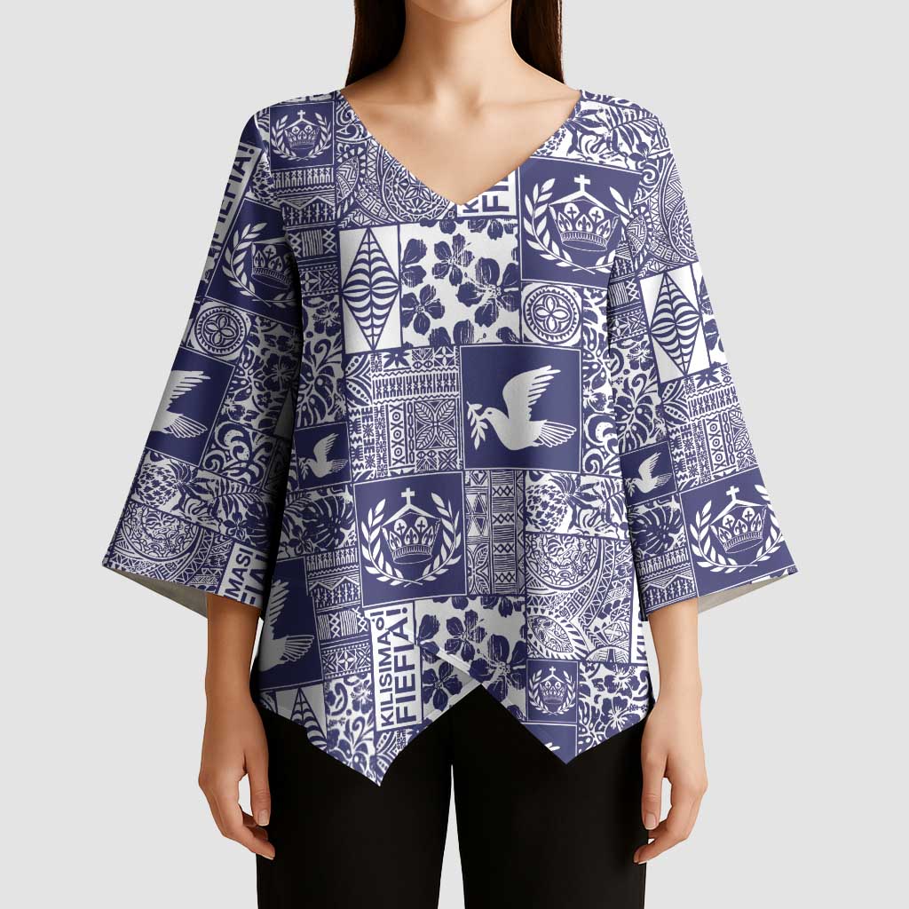 Blue Tonga Kilisimasi Fiefia Kimono Sleeve Blouse Pacific Patchwork Xmas Vibes - Polynesian Pride