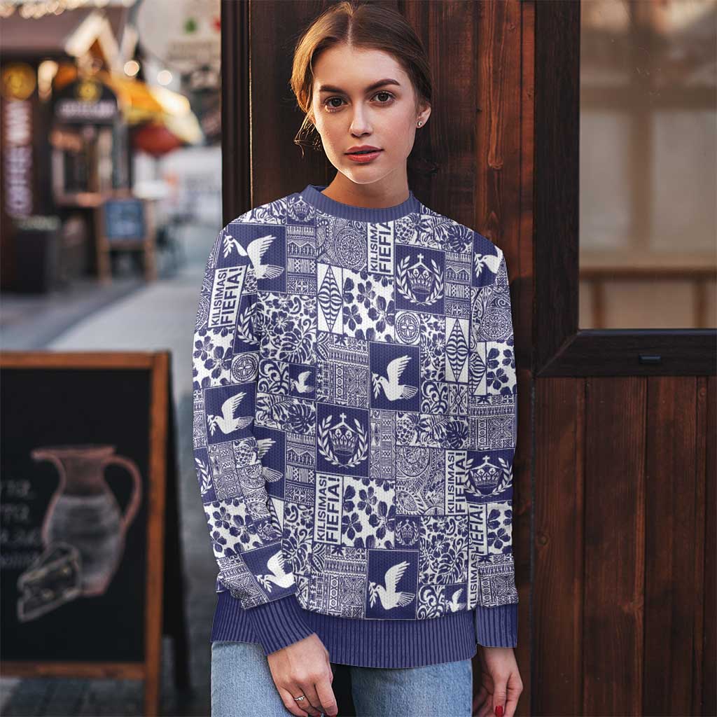 Blue Tonga Kilisimasi Fiefia Ugly Christmas Sweater Pacific Patchwork Xmas Vibes - Polynesian Pride