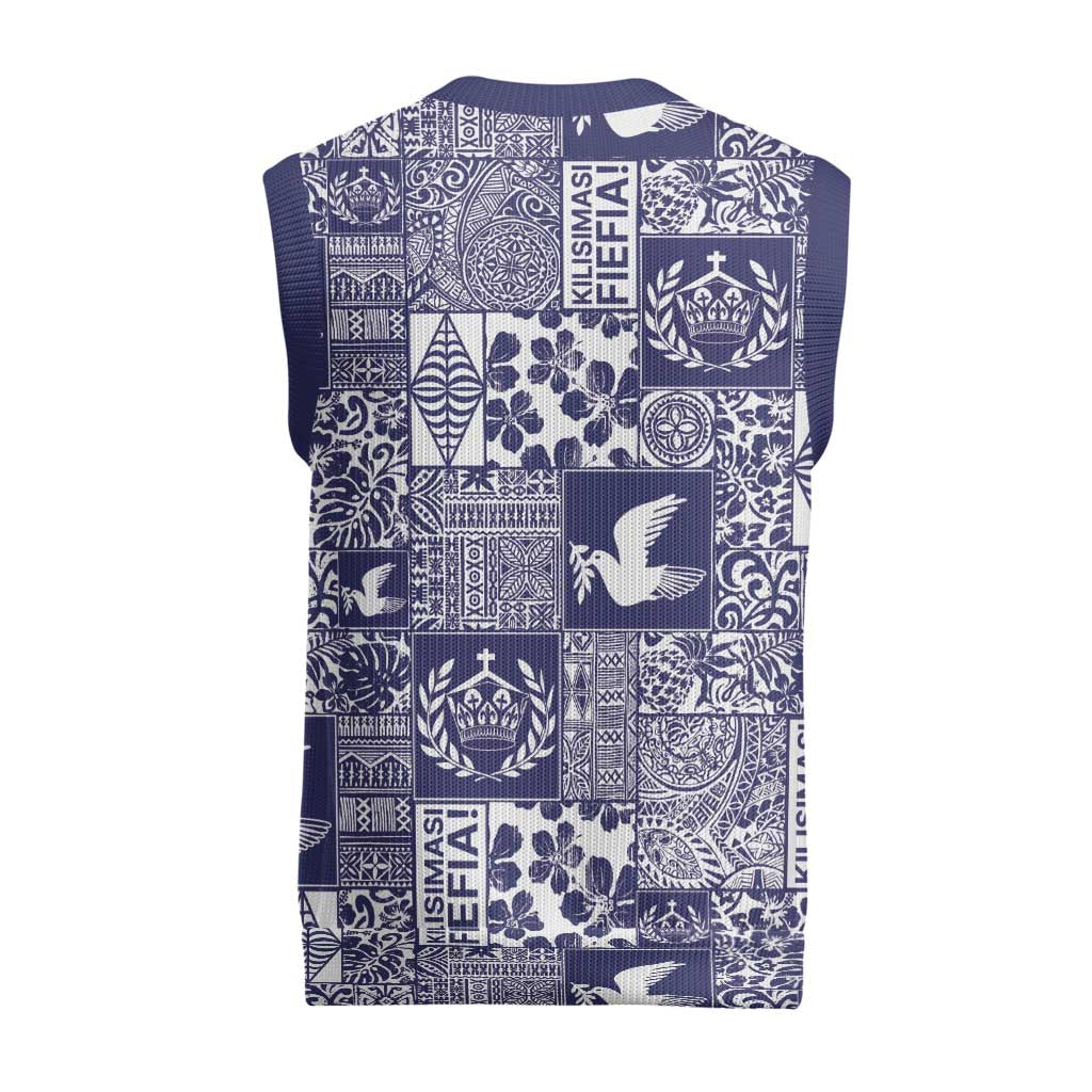 Blue Tonga Kilisimasi Fiefia Christmas Knitted V-Neck Vest Pacific Patchwork Xmas Vibes - Polynesian Pride