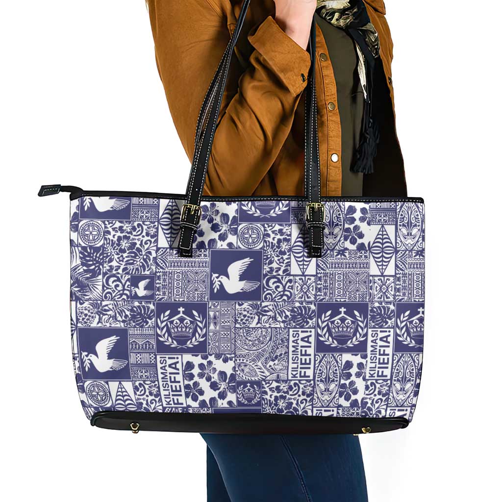 Blue Tonga Kilisimasi Fiefia Leather Tote Bag Pacific Patchwork Xmas Vibes - Polynesian Pride
