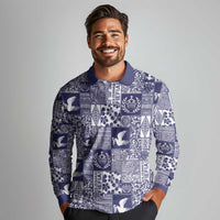 Blue Tonga Kilisimasi Fiefia Long Sleeve Polo Shirt Pacific Patchwork Xmas Vibes - Polynesian Pride