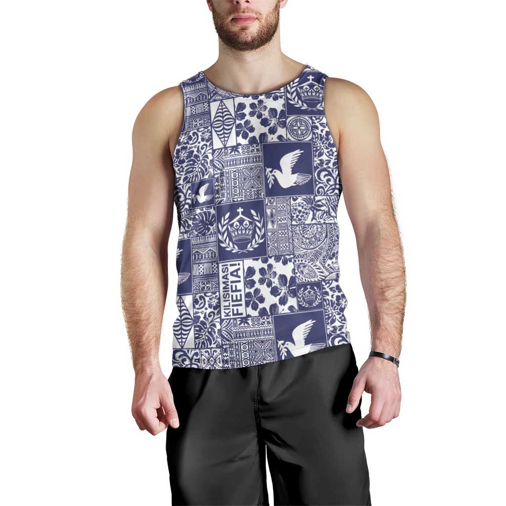 Blue Tonga Kilisimasi Fiefia Men Tank Top Pacific Patchwork Xmas Vibes - Polynesian Pride