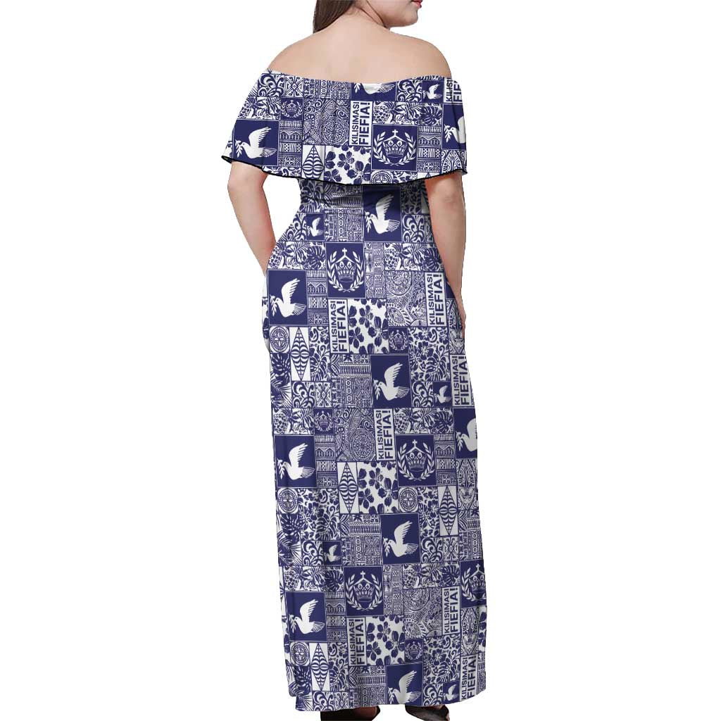 Blue Tonga Kilisimasi Fiefia Off Shoulder Maxi Dress Pacific Patchwork Xmas Vibes - Polynesian Pride
