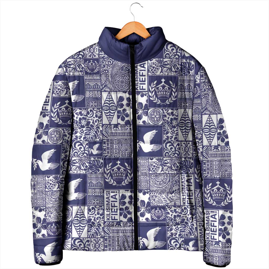 Blue Tonga Kilisimasi Fiefia Padded Jacket Pacific Patchwork Xmas Vibes - Polynesian Pride