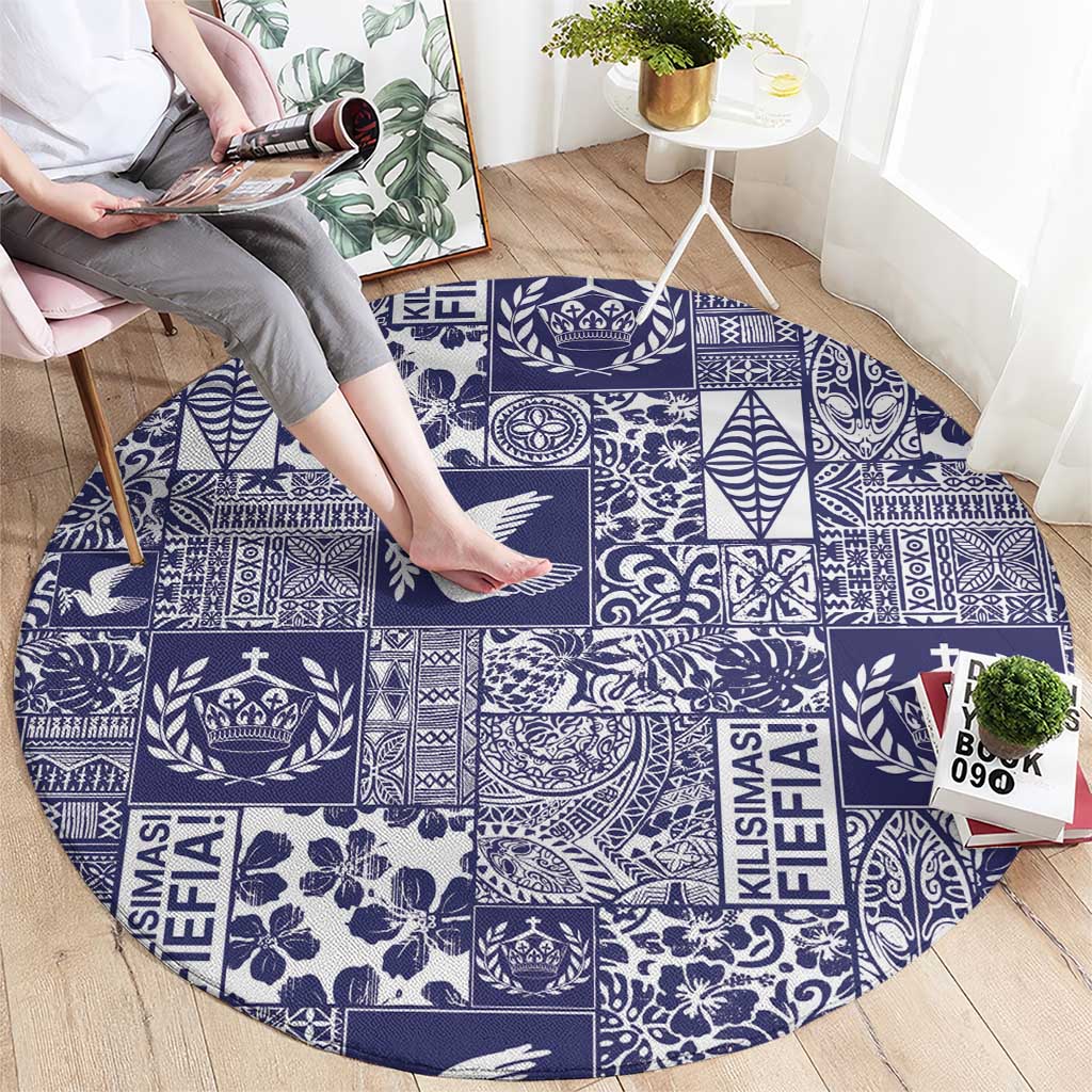 Blue Tonga Kilisimasi Fiefia Round Carpet Pacific Patchwork Xmas Vibes - Polynesian Pride