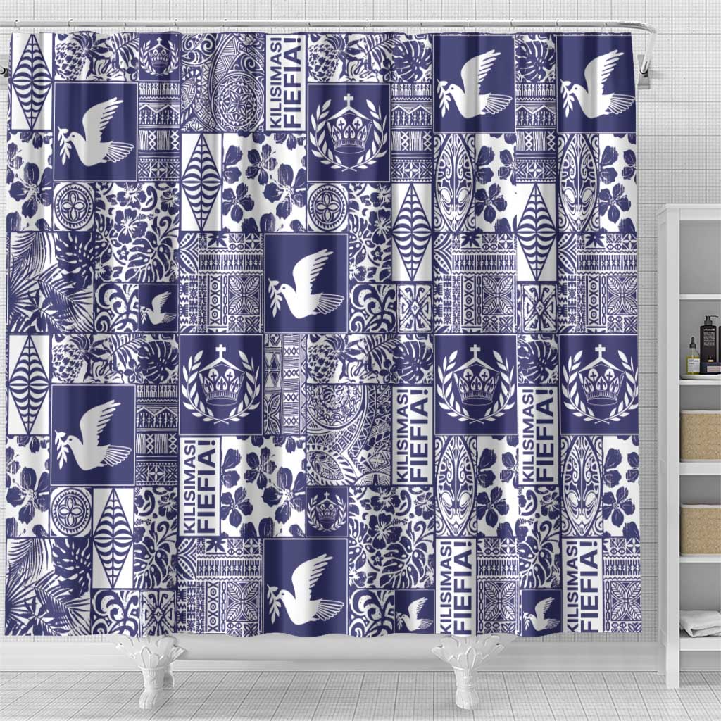 Blue Tonga Kilisimasi Fiefia Shower Curtain Pacific Patchwork Xmas Vibes - Polynesian Pride