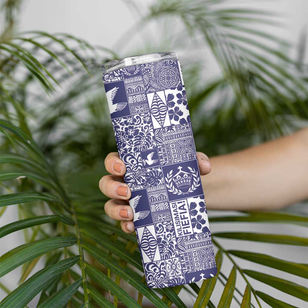 Blue Tonga Kilisimasi Fiefia Skinny Tumbler Pacific Patchwork Xmas Vibes - Polynesian Pride