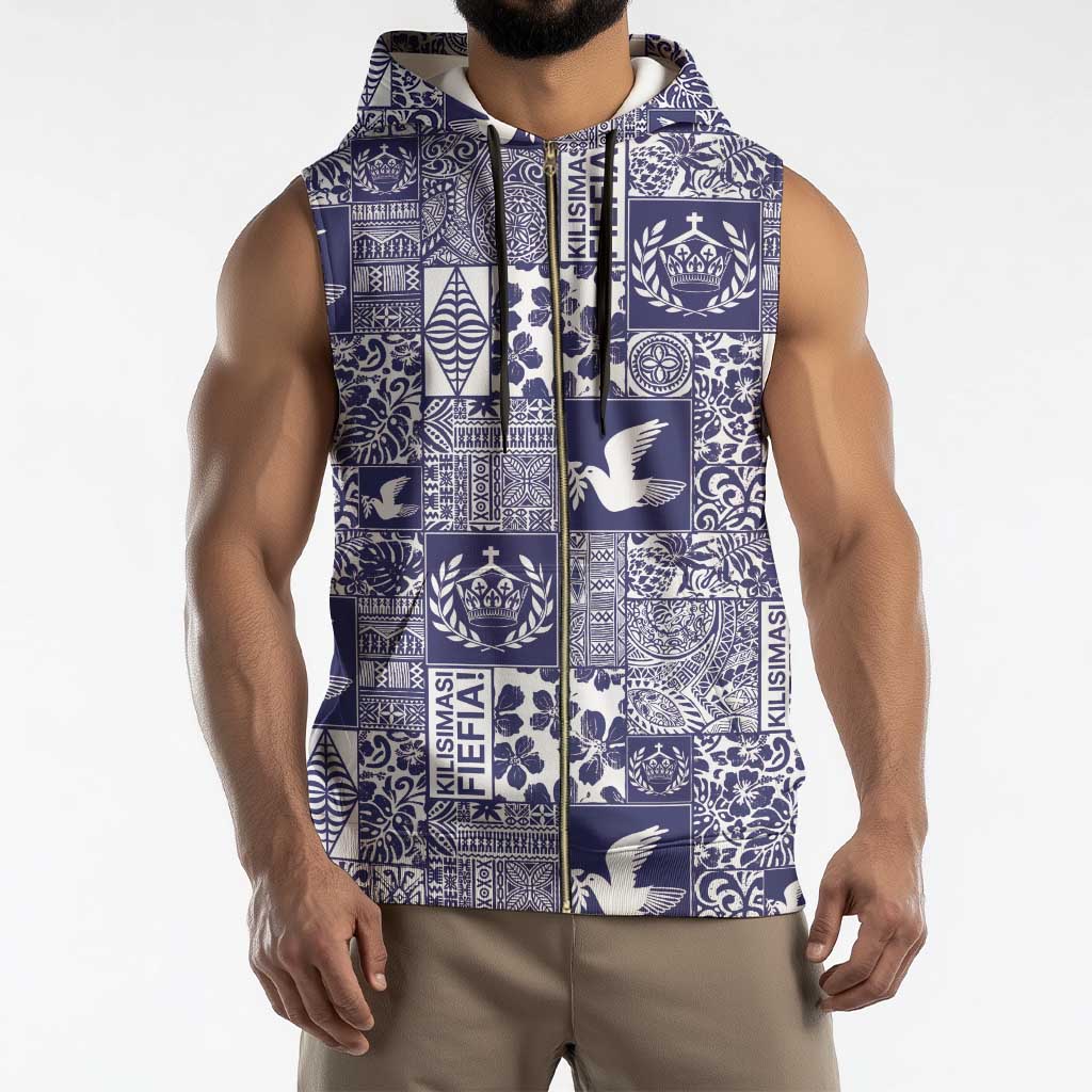 Blue Tonga Kilisimasi Fiefia Sleeveless Zip Hoodie Pacific Patchwork Xmas Vibes - Polynesian Pride