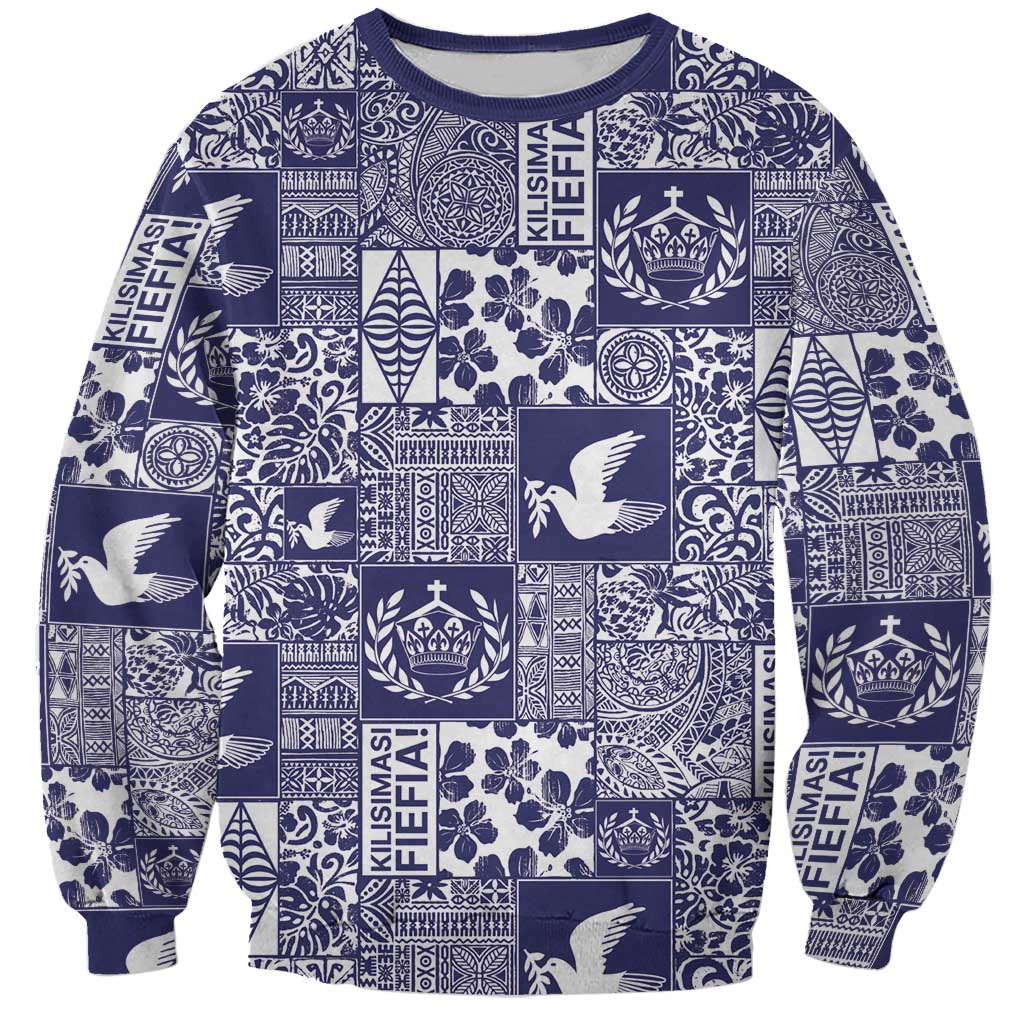 Blue Tonga Kilisimasi Fiefia Sweatshirt Pacific Patchwork Xmas Vibes - Polynesian Pride