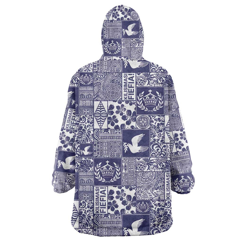 Blue Tonga Kilisimasi Fiefia Wearable Blanket Hoodie Pacific Patchwork Xmas Vibes - Polynesian Pride
