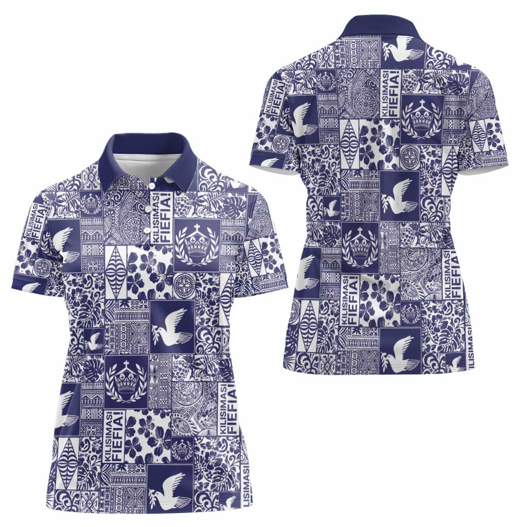 Blue Tonga Kilisimasi Fiefia Women Polo Shirt Pacific Patchwork Xmas Vibes - Polynesian Pride