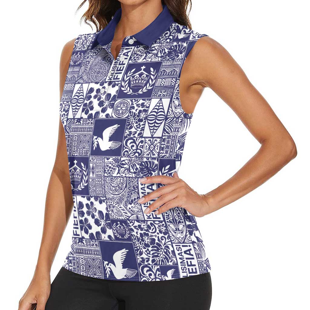 Blue Tonga Kilisimasi Fiefia Women Sleeveless Polo Shirt Pacific Patchwork Xmas Vibes - Polynesian Pride