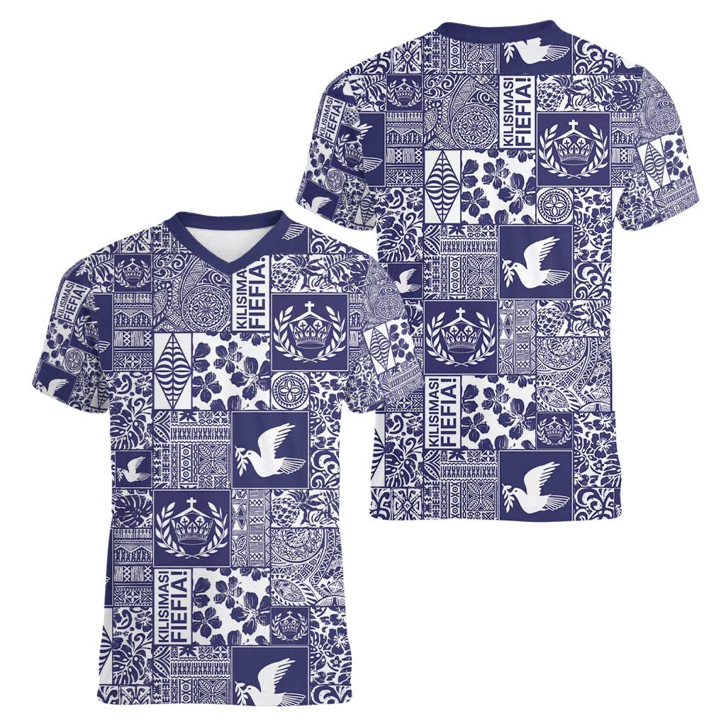 Blue Tonga Kilisimasi Fiefia Women V-Neck T-Shirt Pacific Patchwork Xmas Vibes - Polynesian Pride
