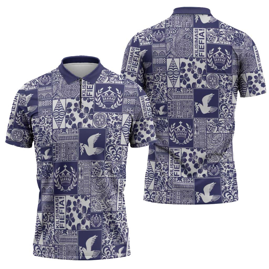 Blue Tonga Kilisimasi Fiefia Zipper Polo Shirt Pacific Patchwork Xmas Vibes - Polynesian Pride
