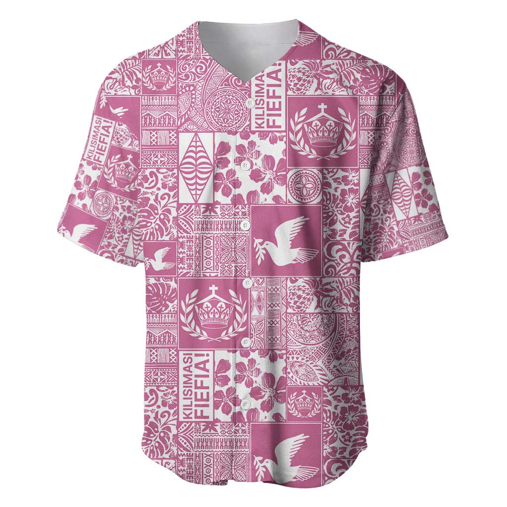 Pink Tonga Kilisimasi Fiefia Baseball Jersey Pacific Patchwork Xmas Vibes - Polynesian Pride