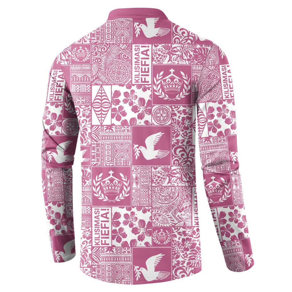 Pink Tonga Kilisimasi Fiefia Button Sweatshirt Pacific Patchwork Xmas Vibes - Polynesian Pride