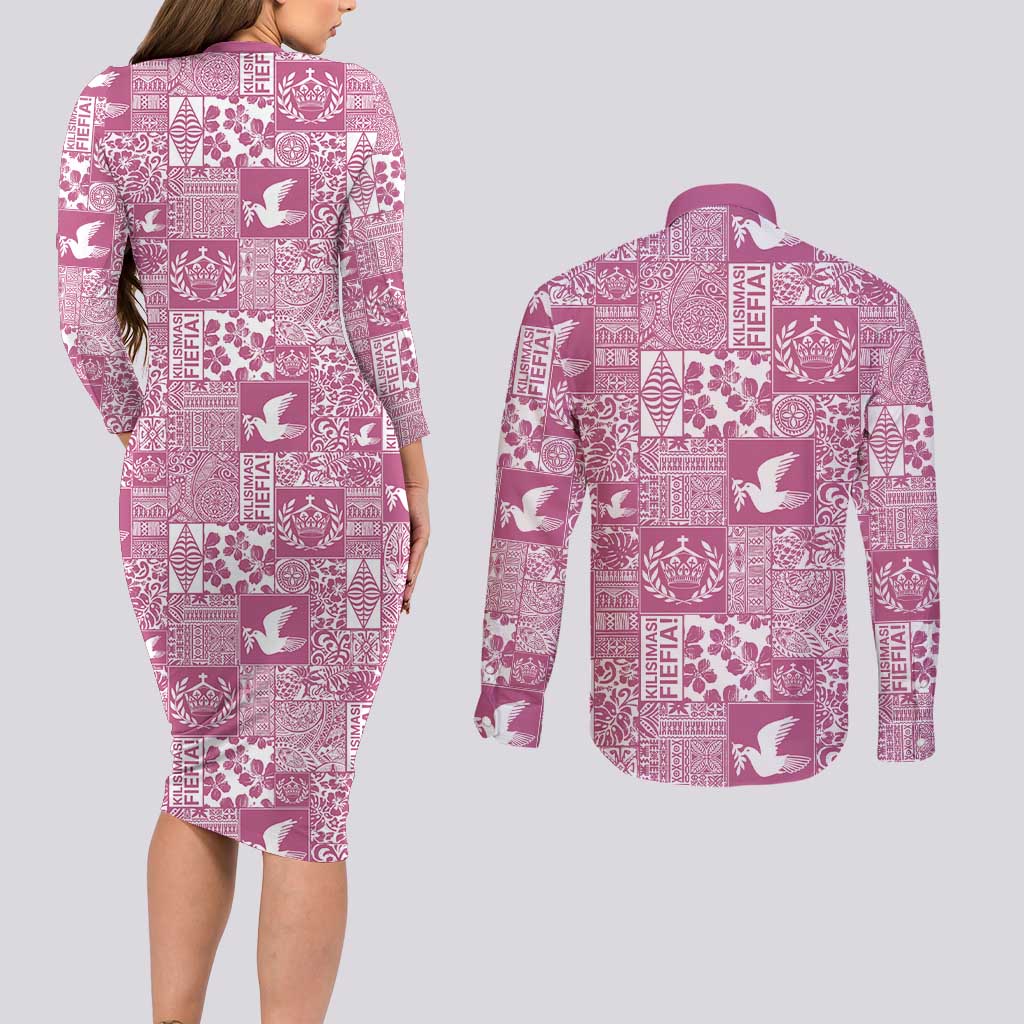 Pink Tonga Kilisimasi Fiefia Couples Matching Long Sleeve Bodycon Dress and Long Sleeve Button Shirt Pacific Patchwork Xmas Vibes - Polynesian Pride