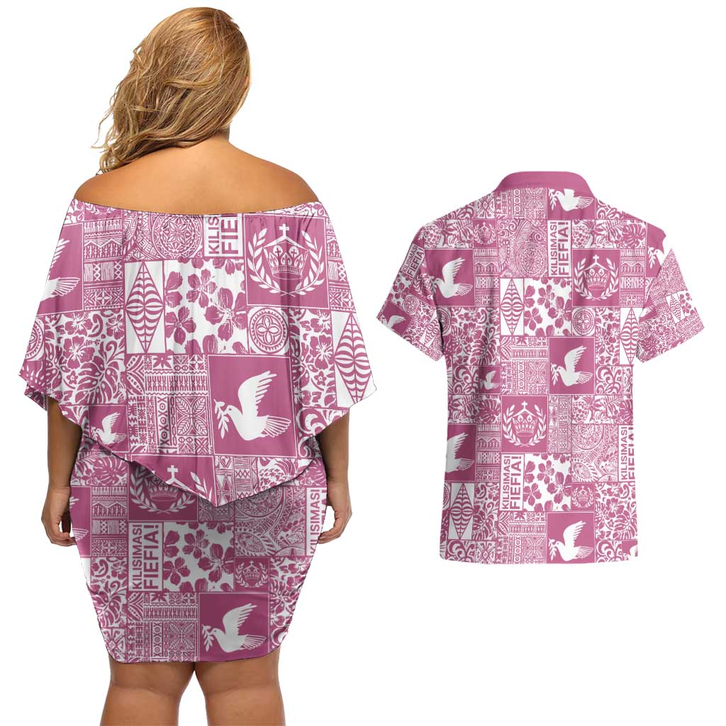 Pink Tonga Kilisimasi Fiefia Couples Matching Off Shoulder Short Dress and Hawaiian Shirt Pacific Patchwork Xmas Vibes - Polynesian Pride