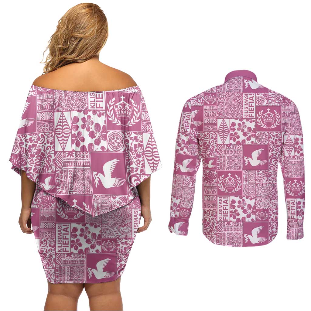Pink Tonga Kilisimasi Fiefia Couples Matching Off Shoulder Short Dress and Long Sleeve Button Shirt Pacific Patchwork Xmas Vibes - Polynesian Pride