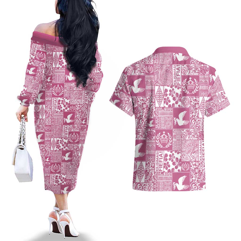 Pink Tonga Kilisimasi Fiefia Couples Matching Off The Shoulder Long Sleeve Dress and Hawaiian Shirt Pacific Patchwork Xmas Vibes - Polynesian Pride