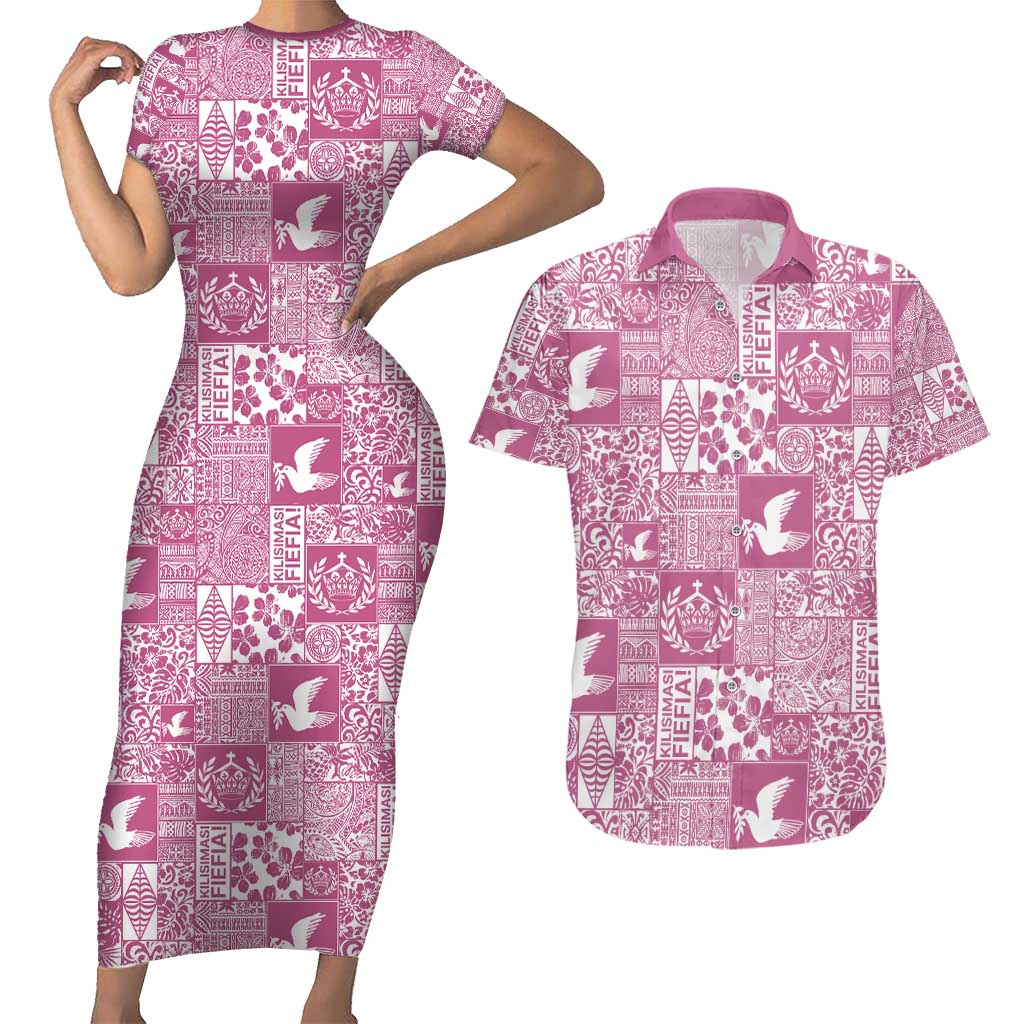 Pink Tonga Kilisimasi Fiefia Couples Matching Short Sleeve Bodycon Dress and Hawaiian Shirt Pacific Patchwork Xmas Vibes - Polynesian Pride