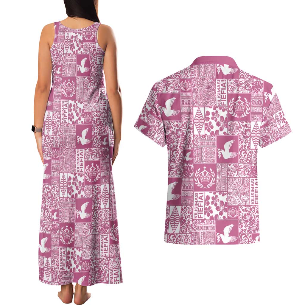 Pink Tonga Kilisimasi Fiefia Couples Matching Tank Maxi Dress and Hawaiian Shirt Pacific Patchwork Xmas Vibes - Polynesian Pride