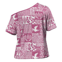 Pink Tonga Kilisimasi Fiefia Cross Shoulder Shirt Pacific Patchwork Xmas Vibes - Polynesian Pride