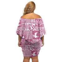 Pink Tonga Kilisimasi Fiefia Family Matching Off Shoulder Short Dress and Hawaiian Shirt Pacific Patchwork Xmas Vibes - Polynesian Pride