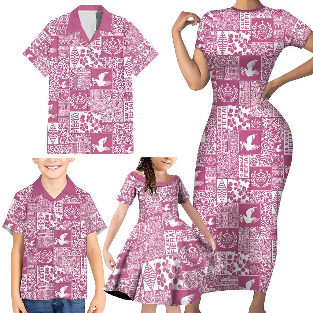 Pink Tonga Kilisimasi Fiefia Family Matching Short Sleeve Bodycon Dress and Hawaiian Shirt Pacific Patchwork Xmas Vibes - Polynesian Pride