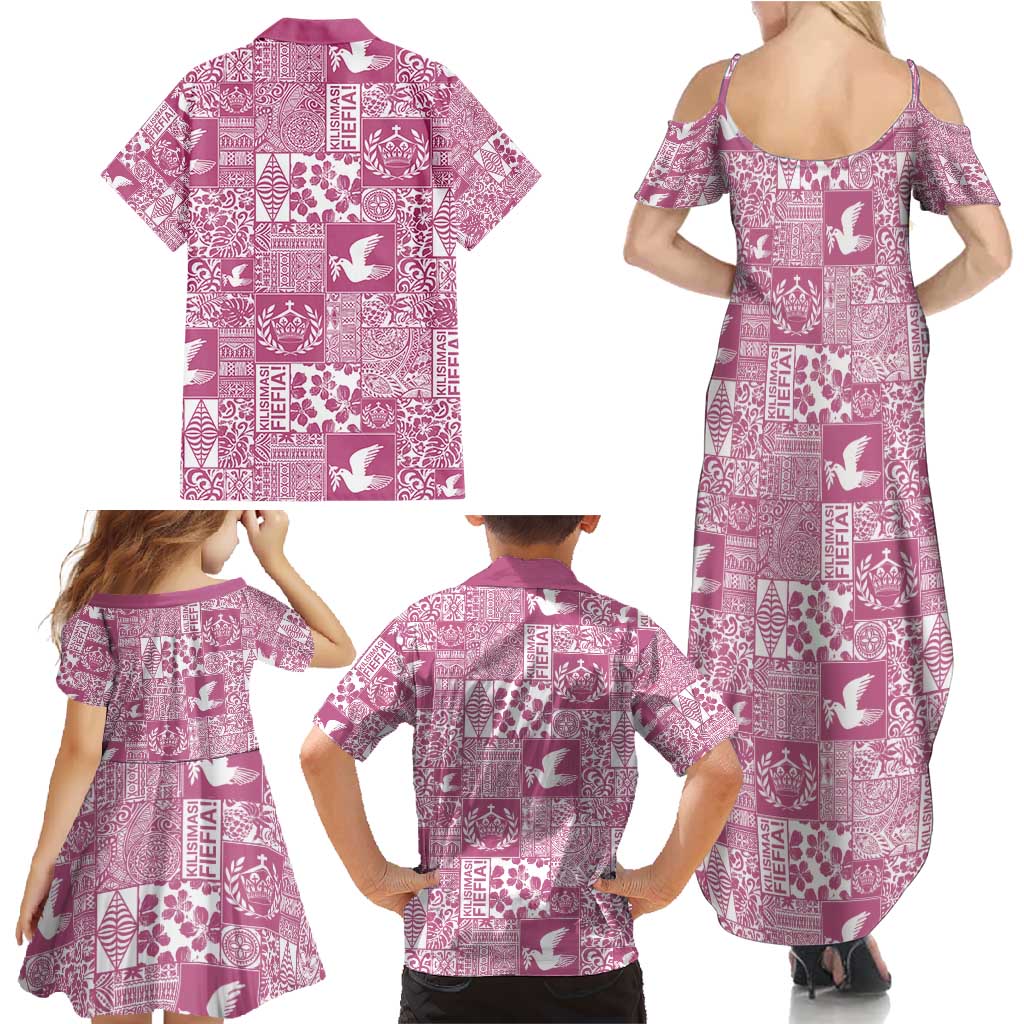 Pink Tonga Kilisimasi Fiefia Family Matching Summer Maxi Dress and Hawaiian Shirt Pacific Patchwork Xmas Vibes - Polynesian Pride