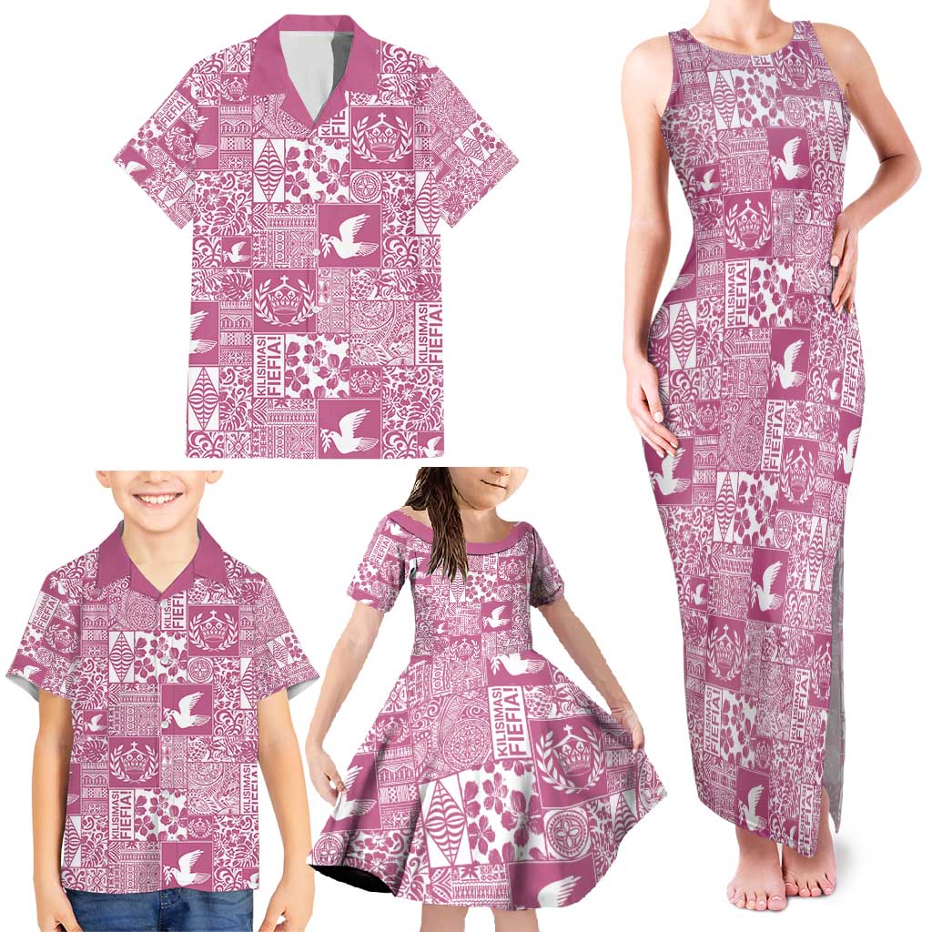 Pink Tonga Kilisimasi Fiefia Family Matching Tank Maxi Dress and Hawaiian Shirt Pacific Patchwork Xmas Vibes - Polynesian Pride