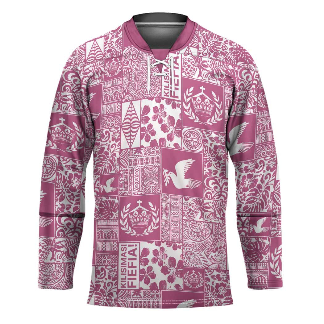 Pink Tonga Kilisimasi Fiefia Hockey Jersey Pacific Patchwork Xmas Vibes - Polynesian Pride