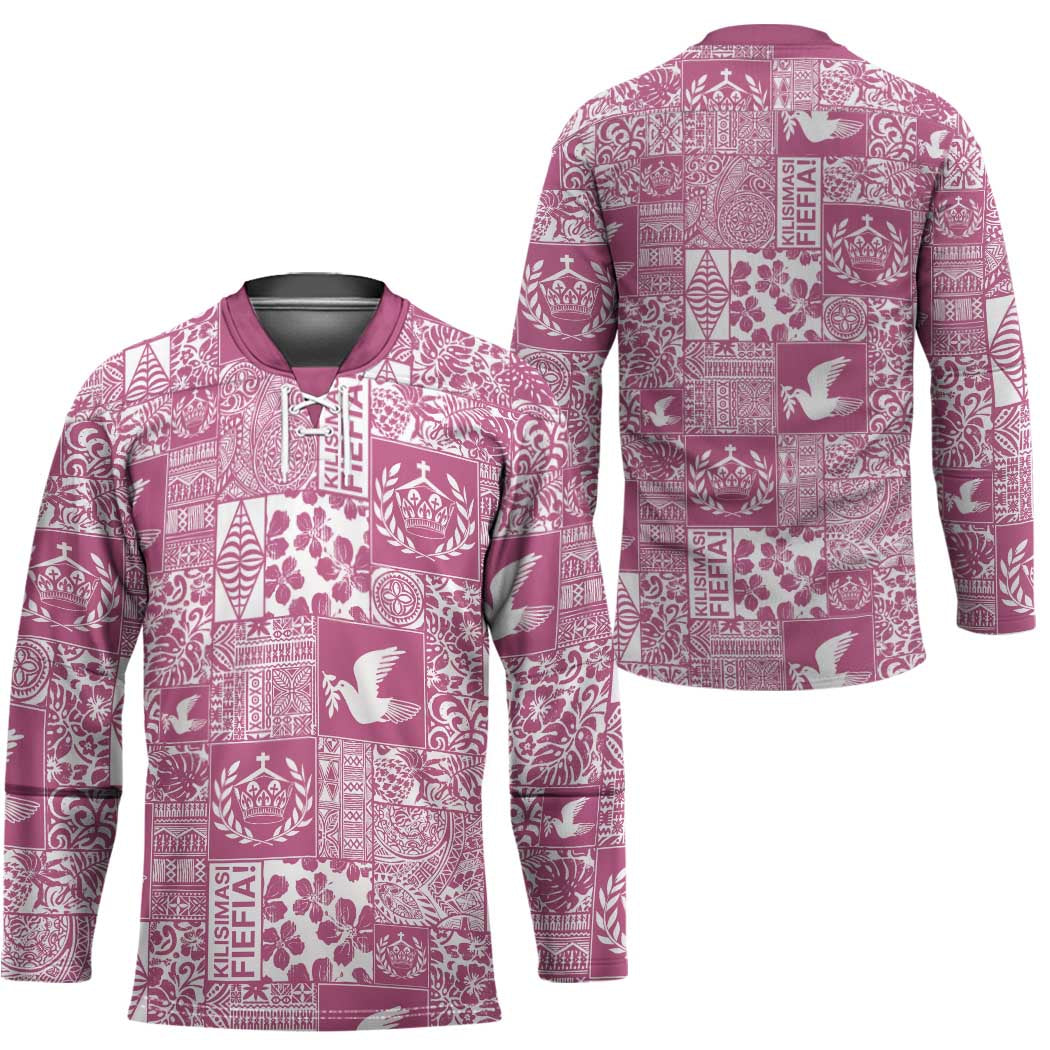 Pink Tonga Kilisimasi Fiefia Hockey Jersey Pacific Patchwork Xmas Vibes - Polynesian Pride