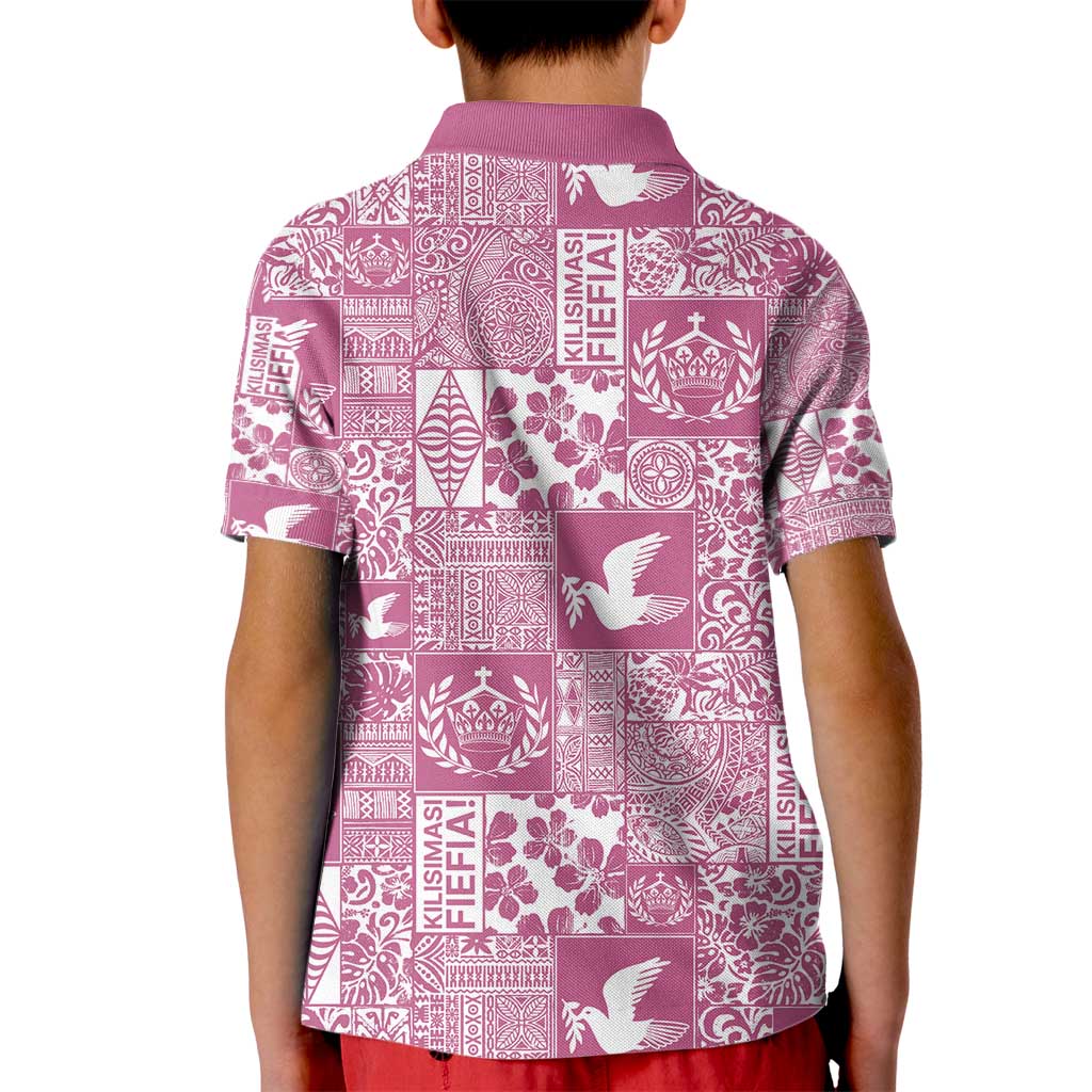 Pink Tonga Kilisimasi Fiefia Kid Polo Shirt Pacific Patchwork Xmas Vibes - Polynesian Pride
