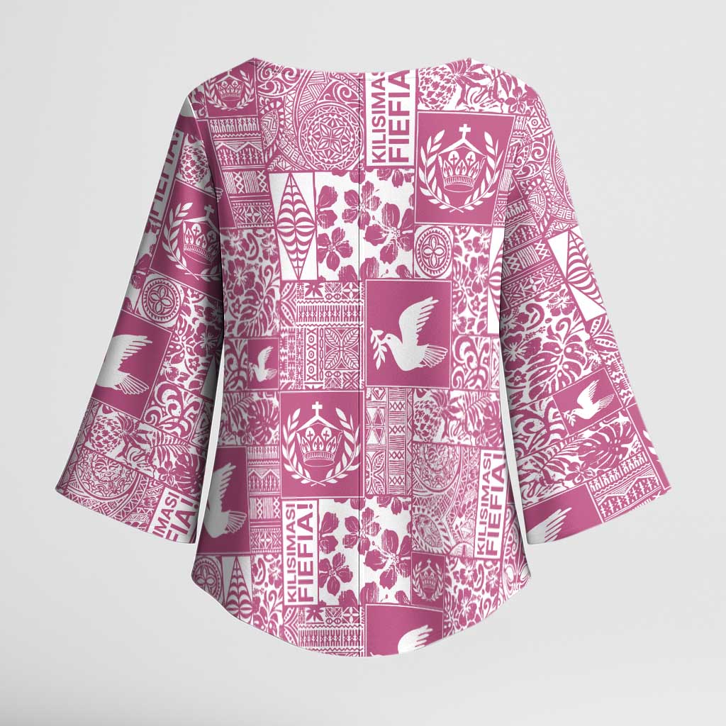Pink Tonga Kilisimasi Fiefia Kimono Sleeve Blouse Pacific Patchwork Xmas Vibes - Polynesian Pride